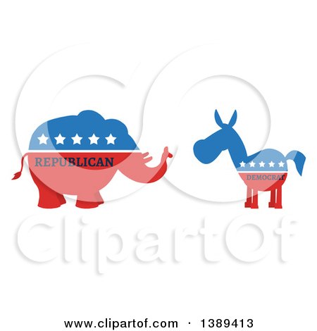 Clipart of a Red White and Blue Democratic Donkey Facing a Republican Elephant, with Text - Royalty Free Vector Illustration by Hit Toon