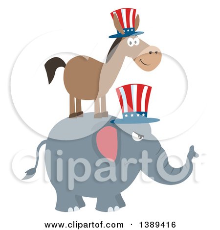 Clipart of a Flag Design Political Democratic Donkey on Top of a Republican Elephant - Royalty Free Vector Illustration by Hit Toon