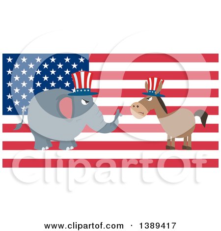Clipart of a Flag Design Political Democratic Donkey and Republican Elephant Facing Each Other over an American Flag - Royalty Free Vector Illustration by Hit Toon