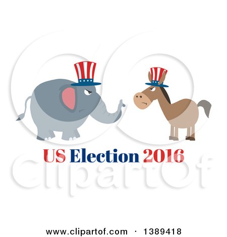 Clipart of a Flag Design Political Democratic Donkey and Republican Elephant Facing Each Other, over Us Election 2016 Text - Royalty Free Vector Illustration by Hit Toon