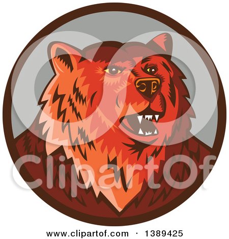 Clipart of a Retro Woodcut Eurasian Brown Bear Growling in a Brown and Gray Circle - Royalty Free Vector Illustration by patrimonio