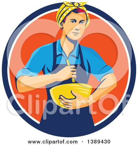 Clipart of a Retro White Female Chef or Baker Holding a Mixing Bowl in a Blue White and Orange Circle - Royalty Free Vector Illustration by patrimonio