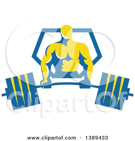 Clipart of a Retro Male Bodybuilder Holding a Heavy Barbell and Emerging from a Blue and Yellow Shield - Royalty Free Vector Illustration by patrimonio