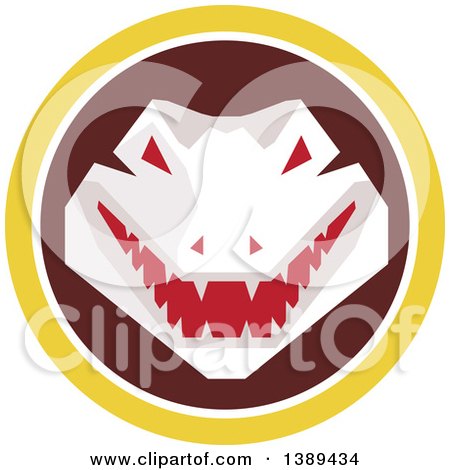 Clipart of a Retro Snapping Alligator or Crocodile in a Yellow White and Brown Circle - Royalty Free Vector Illustration by patrimonio