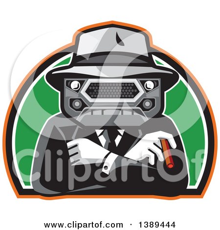 Clipart of a Retro Tough Mobster with a Car Grill Head, Cigar and Folded Arms in a Half Circle - Royalty Free Vector Illustration by patrimonio