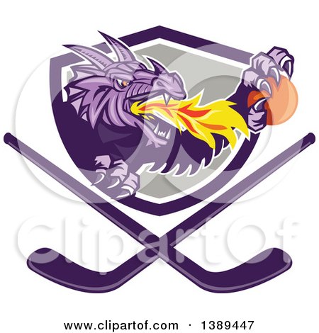 Clipart of a Retro Purple Fire Breathing Dragon Holding a Ball and Emerging from a Shield over Crossed Hockey Sticks - Royalty Free Vector Illustration by patrimonio