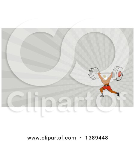 Clipart of a Cartoon Bald Eagle Man Bodybuilder Working out with a Barbell and Gray Rays Background or Business Card Design - Royalty Free Illustration by patrimonio