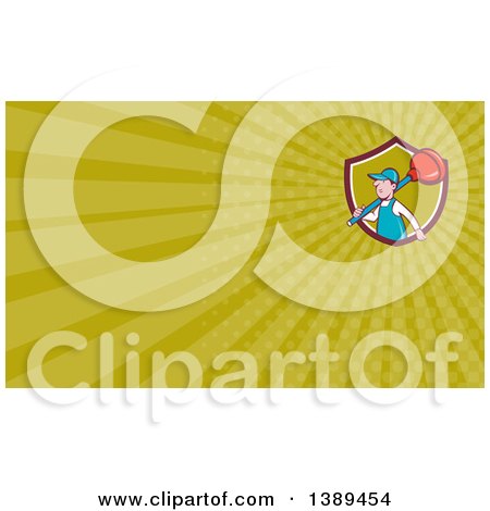 Clipart of a Retro Cartoon White Male Plumber with a Giant Plunger over His Shoulders and Green Rays Background or Business Card Design - Royalty Free Illustration by patrimonio