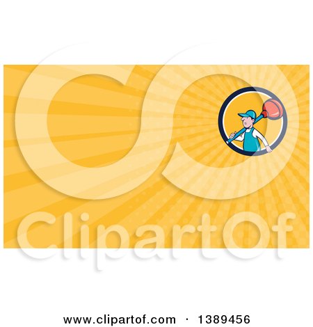 Clipart of a Retro Cartoon White Male Plumber with a Giant Plunger over His Shoulders and Yellow Rays Background or Business Card Design - Royalty Free Illustration by patrimonio