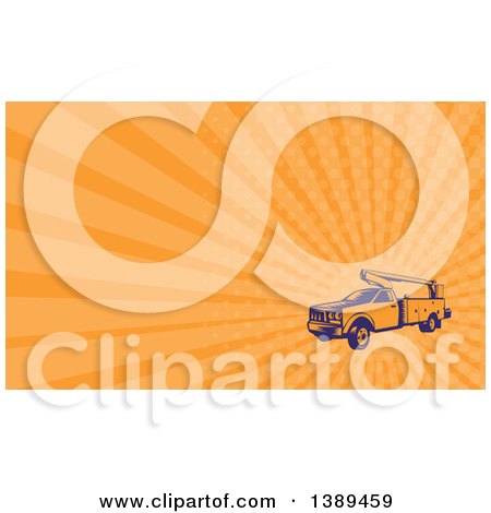 Clipart of a Retro Woodcut Cherry Picker Lift Truck and Orange Rays Background or Business Card Design - Royalty Free Illustration by patrimonio