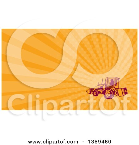 Clipart of a Retro Woodcut Excavator Mechanical Digger Machine and Orange Rays Background or Business Card Design - Royalty Free Illustration by patrimonio
