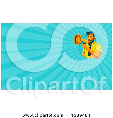 Clipart of a Retro Wpa Styled Business Man Announcing Through a Megaphone and Blue Rays Background or Business Card Design - Royalty Free Illustration by patrimonio