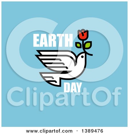 Clipart of a Peace Dove Flying with a Flower and Earth Day Text on Blue - Royalty Free Vector Illustration by elena