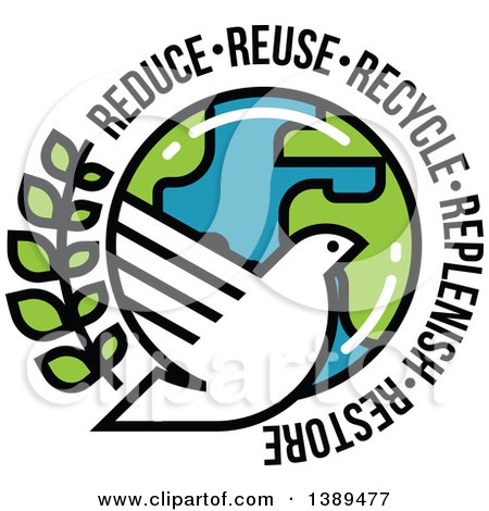 Clipart of a White Dove, Olive Branch and Planet Earth with Reduce Reuse Recycle Replenish and Restore Text - Royalty Free Vector Illustration by elena