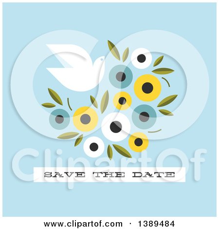 Clipart of a Flat Design Dove and Flower Save the Date Wedding Invitation on Blue - Royalty Free Vector Illustration by elena