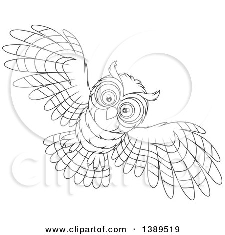 Clipart of a Cartoon Black and White Lineart Flying Owl - Royalty Free Vector Illustration by Alex Bannykh