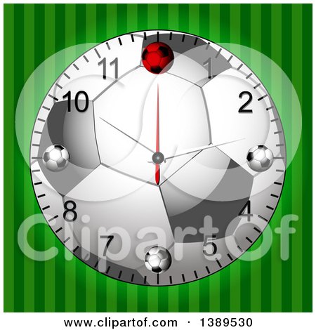 Clipart of a 3d Soccer Ball Wall Clock over Green Stripes - Royalty Free Vector Illustration by elaineitalia