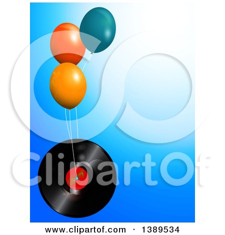 Clipart of a 3d Vinyl Record Lp Floating with Balloons over Blue - Royalty Free Vector Illustration by elaineitalia