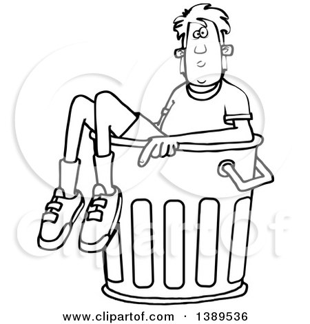 Clipart of a Cartoon Black and White Lineart Boy in a Trash Can - Royalty Free Vector Illustration by djart