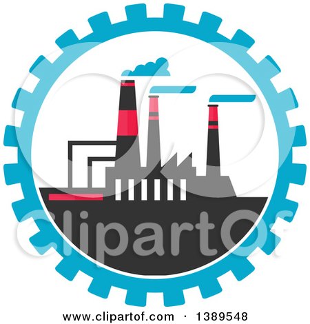 Clipart of a Flat Design Factory Complex in a Blue Gear Cog Wheel - Royalty Free Vector Illustration by Vector Tradition SM
