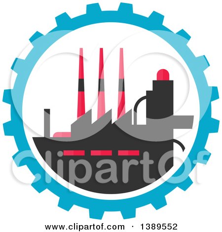 Clipart of a Flat Design Factory Complex in a Blue Gear Cog Wheel - Royalty Free Vector Illustration by Vector Tradition SM