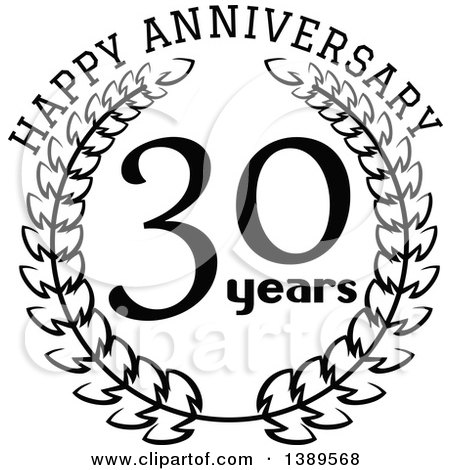 Clipart of a Black and White 30 Year Happy Anniversary Wreath Design - Royalty Free Vector Illustration by Vector Tradition SM