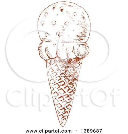 Clipart of a Brown Sketched Waffle Ice Cream Cone - Royalty Free Vector Illustration by Vector Tradition SM