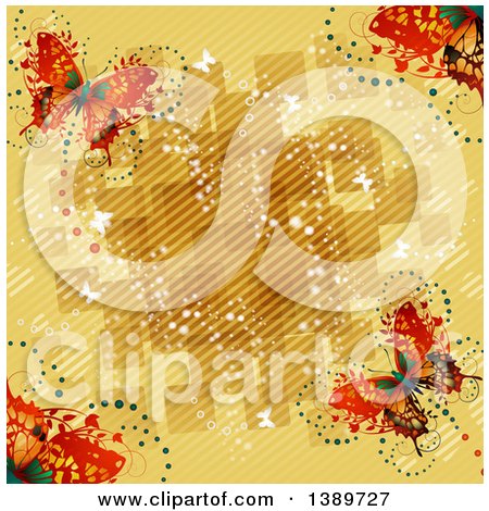 Clipart of a Background of Butterflies over Yellow with Squares - Royalty Free Vector Illustration by merlinul