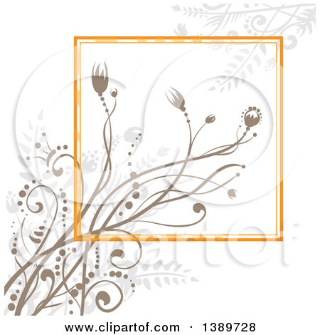 Clipart of a Background of Taupe Floral Plants and an Orange Square on off White - Royalty Free Vector Illustration by merlinul
