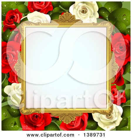 Clipart of a Blank Wedding Picture Frame with White and Red Roses with Leaves - Royalty Free Vector Illustration by merlinul