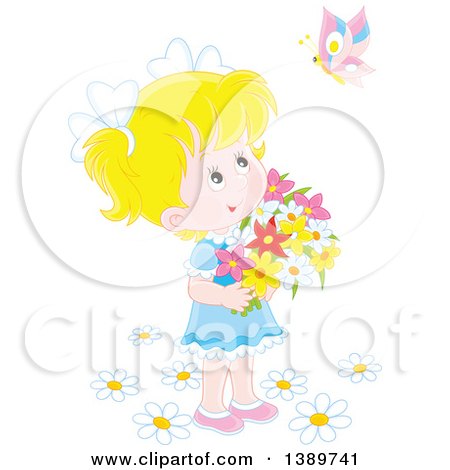 Clipart of a Happy Blond Caucasian Girl Holding Flowers and Looking up at a Butterfly - Royalty Free Vector Illustration by Alex Bannykh