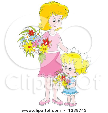 Clipart of a Cartoon Happy Blond White Girl and Mother Holding Flowers - Royalty Free Vector Illustration by Alex Bannykh