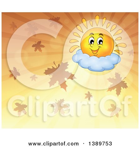 Clipart of a Happy Sun Character Resting on a Cloud in an Orange Sky with Autumn Leaves - Royalty Free Vector Illustration by visekart