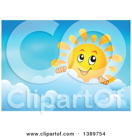 Clipart of a Happy Sun Character Peeking over a Cloud in a Blue Sky - Royalty Free Vector Illustration by visekart