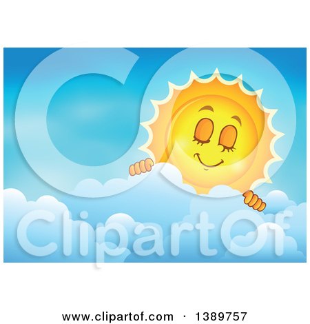 Clipart of a Happy Sun Character Peeking over a Cloud in a Blue Sky - Royalty Free Vector Illustration by visekart