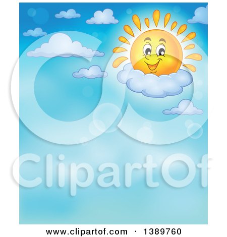 Clipart of a Happy Sun Character Resting on a Cloud in a Blue Sky - Royalty Free Vector Illustration by visekart