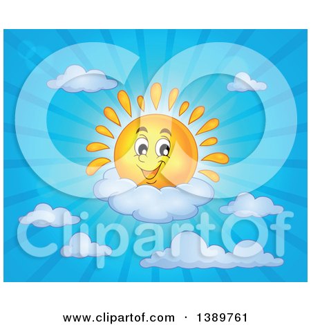 Clipart of a Happy Sun Character Resting on a Cloud in a Blue Sky - Royalty Free Vector Illustration by visekart