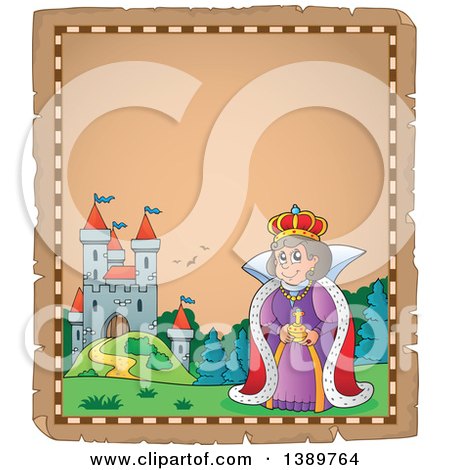 Clipart of a Happy Queen on an Aged Parchment Page with a Castle and Text Space - Royalty Free Vector Illustration by visekart