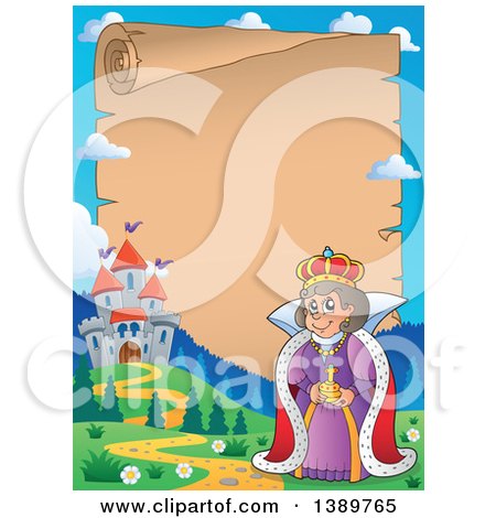 Clipart of a Border of a Happy Queen, an Aged Parchment Page, with a Castle and Text Space - Royalty Free Vector Illustration by visekart