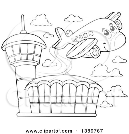 Clipart of a Black and White Lineart Happy Airplane Character over an Airport - Royalty Free Vector Illustration by visekart