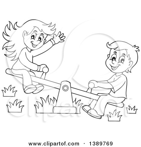 Black And White Lineart Happy Boy And Girl Playing On A See Saw Teeter Totter Posters Art Prints By Interior Wall Decor