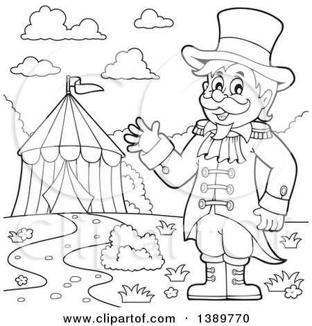 Clipart of a Black and White Lineart Circus Ringmaster Man Waving near a Big Top Tent - Royalty Free Vector Illustration by visekart