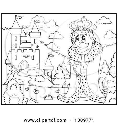 Clipart of a Black and White Lineart Happy King near a Castle - Royalty Free Vector Illustration by visekart