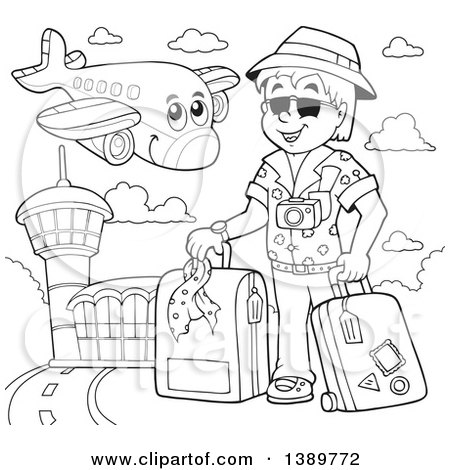 Clipart of a Black and White Lineart Happy Airplane Character Flying over a Tourist and Airport - Royalty Free Vector Illustration by visekart