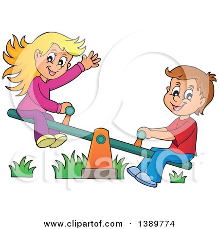 Clipart of a Happy White Boy and Girl Playing on a See Saw Teeter Totter - Royalty Free Vector Illustration by visekart