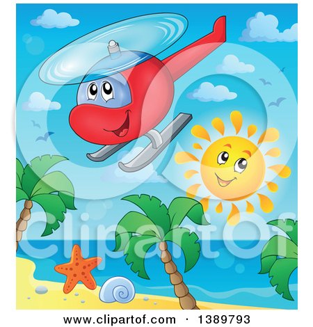 Clipart of a Cartoon Helicopter and Sun over a Tropical Beach - Royalty Free Vector Illustration by visekart