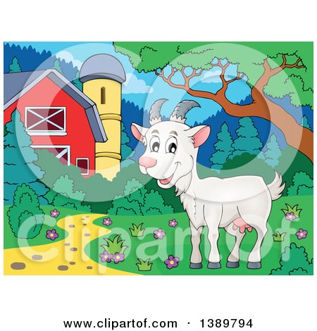 Clipart of a Cartoon Happy White Goat in a Barnyard - Royalty Free Vector Illustration by visekart