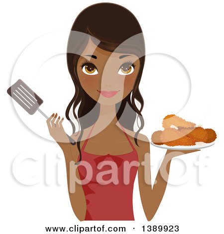 Clipart of a Pretty African American Chef Woman Holding a Plate of Fried Chicken and a Spatula - Royalty Free Vector Illustration by Melisende Vector
