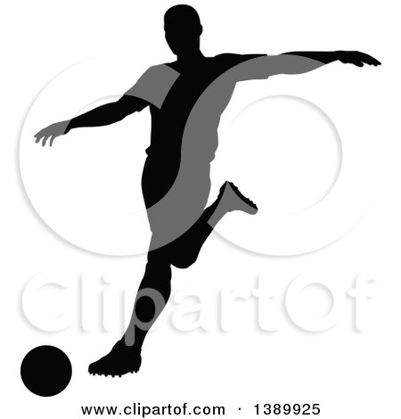 Clipart of a Black Silhouetted Male Soccer Player in Action - Royalty Free Vector Illustration by AtStockIllustration