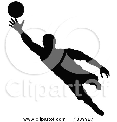 Clipart of a Black Silhouetted Male Soccer Player Goalie in Action - Royalty Free Vector Illustration by AtStockIllustration